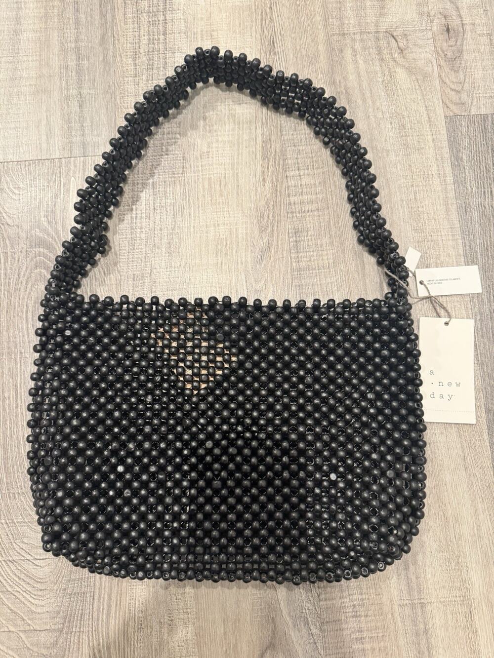Black Beaded Women's Bag A New Day Wooden Beaded Shoulder Handbag NWT